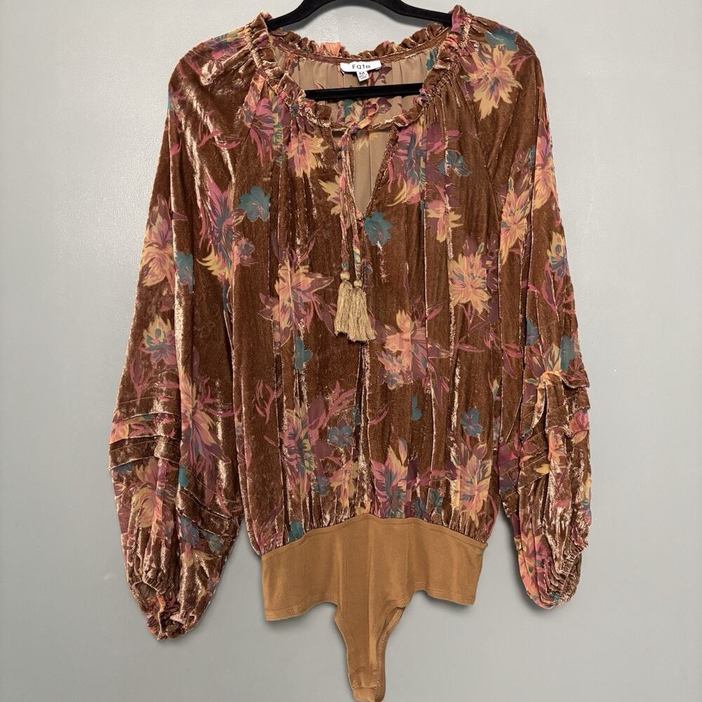 Fate Women’s Burnout Floral Flowy Boho Hippie Bodysuit Top Puff Sleeve Medium